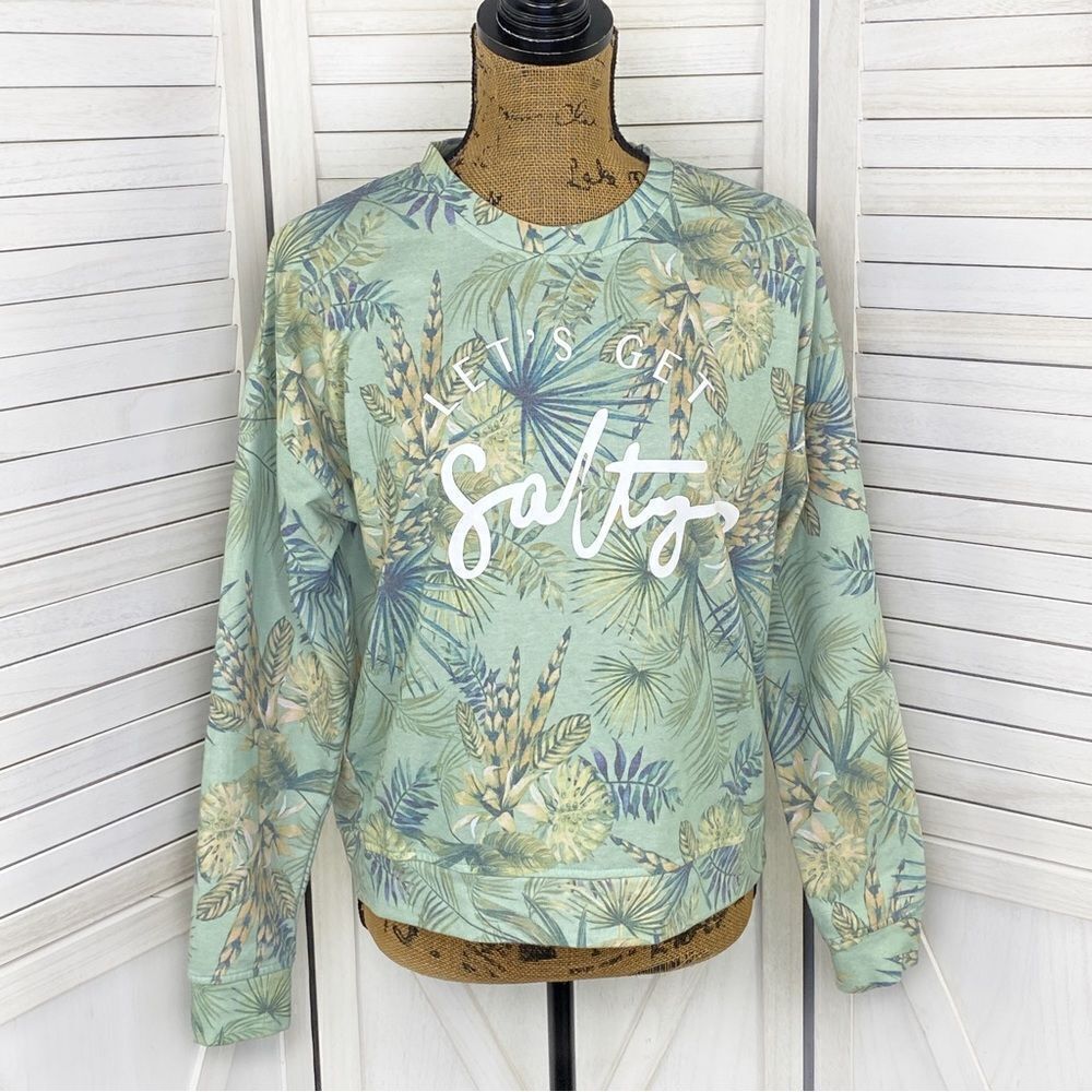 Body Glove Let's Get Salty Tropical Print‎ Shirt Green Small Crop Sweatshirt